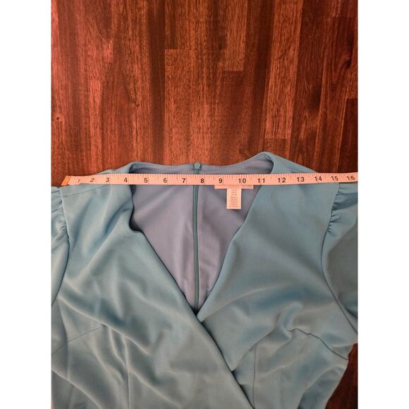 London Times Dress Size 16 Blue Atoll Faux Wrap Belted Puff Sleeve Knee Length - Picture 4 of 9